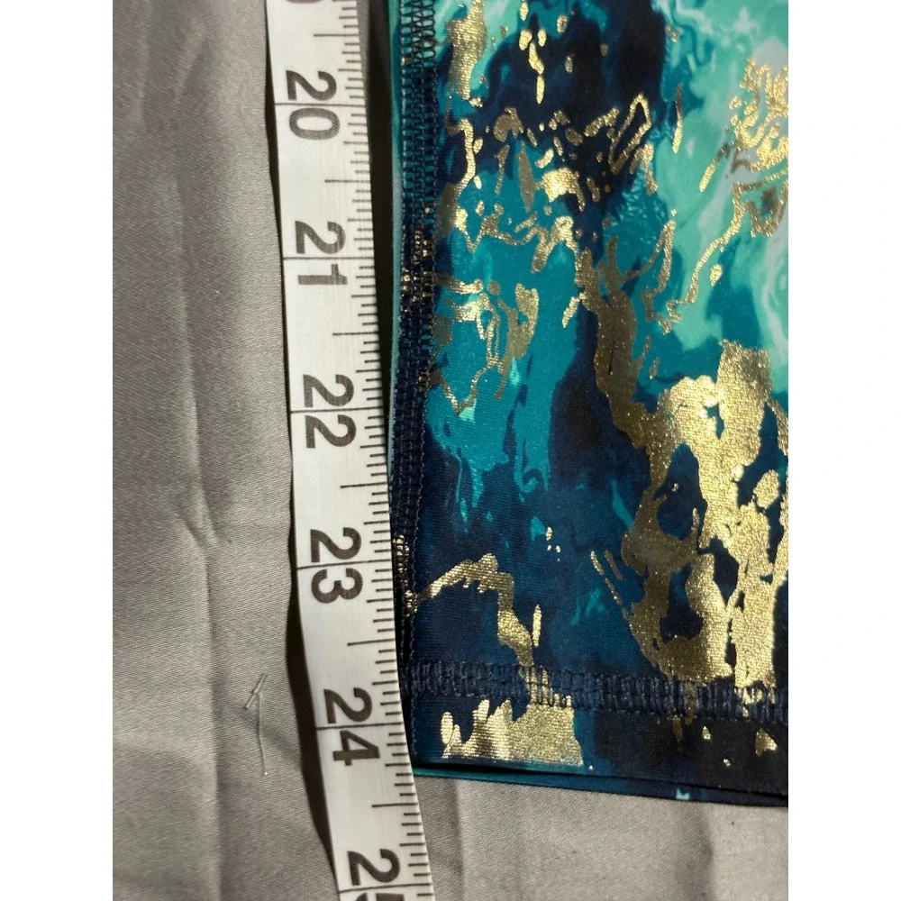 Old Navy Active PowerSoft Leggings Blue Marble Gold Foil High Rise Women L 10-12